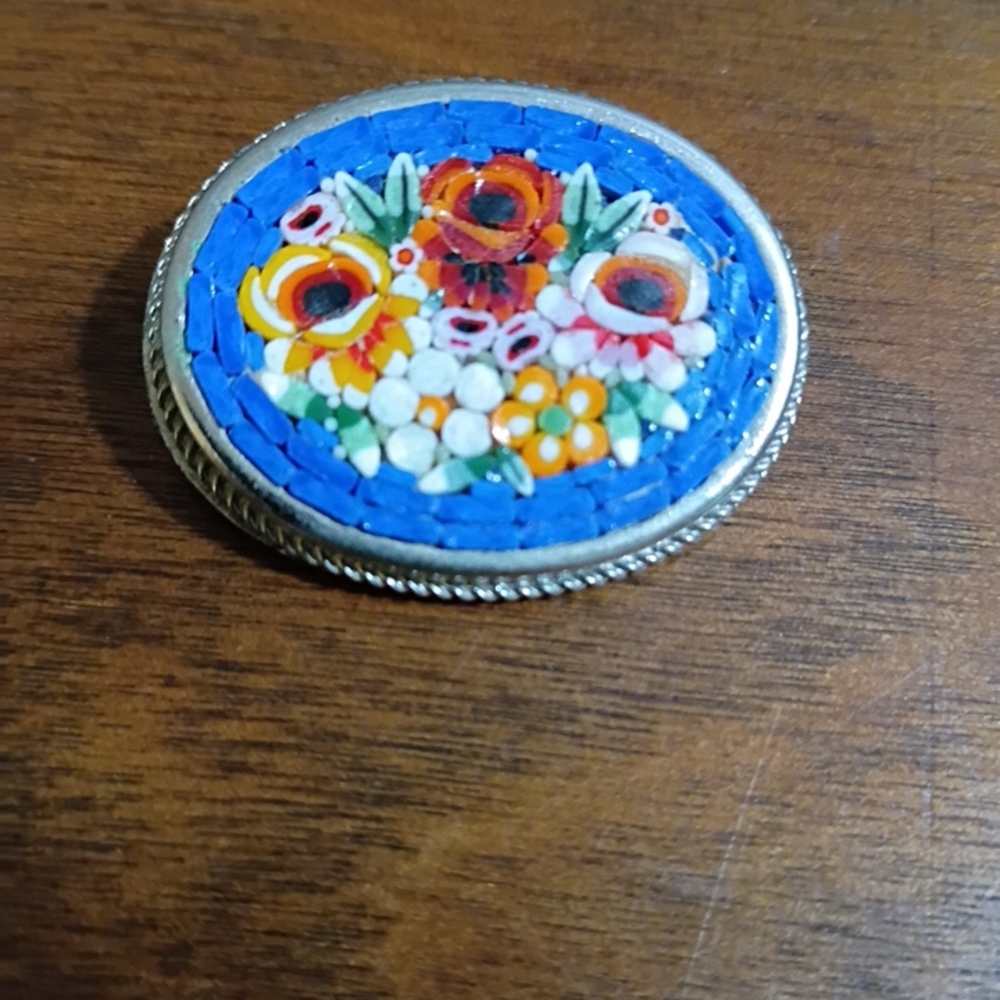 Floral Mosaic Brooch with Blue Background Vintage